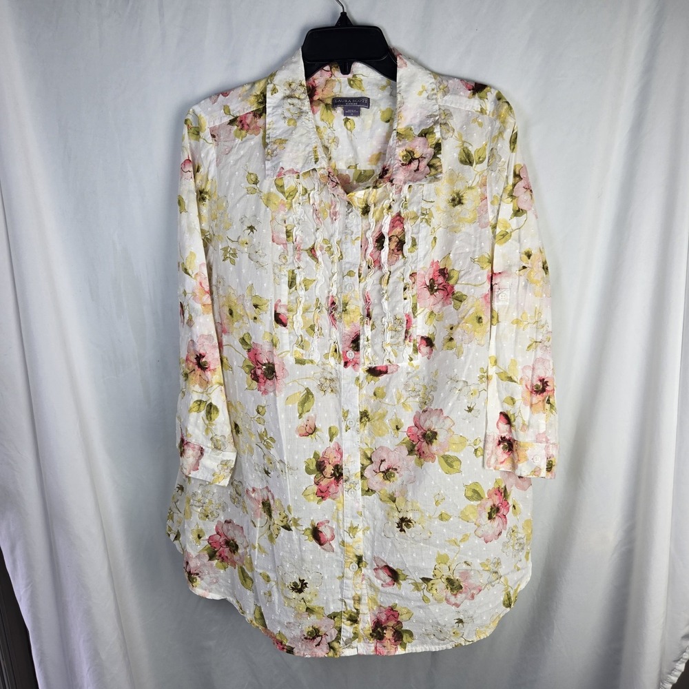 Laura Scott Cotton Swiss Dot Rose Watercolor Ruffle Shirt Womens 1X Roll Tab